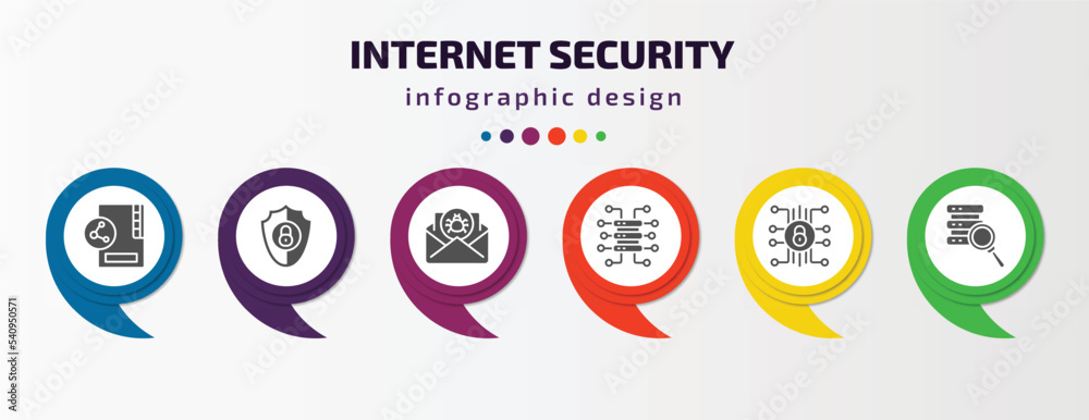 internet security infographic template with icons and 6 step or option. internet security icons such as file sharing, insecure, spam, data streaming, cyber security, data search vector. can be used internet security infographic template with icons and 6 step or option. internet security icons such as file sharing, insecure, spam, data streaming, cyber security, data search vector. can be used