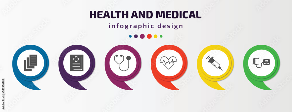 health and medical infographic template with icons and 6 step or option. health and medical icons such as records, medical book, stethoscope, cardiology, syringe, blood pressure gauge vector. can be health and medical infographic template with icons and 6 step or option. health and medical icons such as records, medical book, stethoscope, cardiology, syringe, blood pressure gauge vector. can be