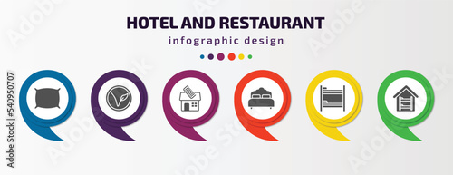 hotel and restaurant infographic template with icons and 6 step or option. hotel and restaurant icons such as pillow, vegetarian, barbershop, beds, bunk bed, hostel vector. can be used for banner,