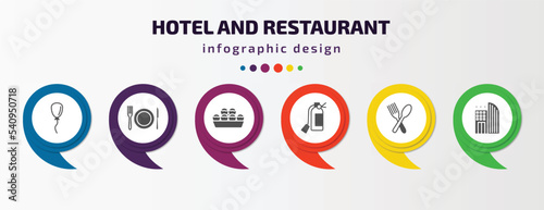hotel and restaurant infographic template with icons and 6 step or option. hotel and restaurant icons such as balloon, meal, takoyaki, fire extinguisher, restaurant, hotel vector. can be used for