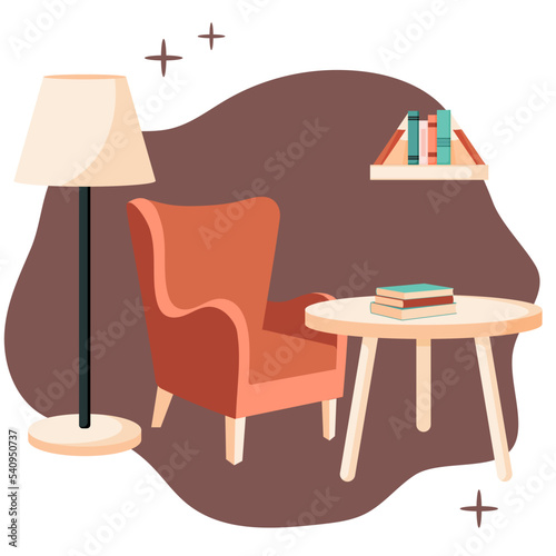 Cozy place to rest, hygge living room interior, armchair with books, place to read and relax, vector illustration, set of furniture
