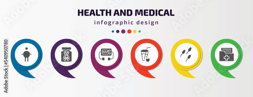 health and medical infographic template with icons and 6 step or option. health and medical icons such as fat, poisonous, defibrillator, juice, sperm, medical result vector. can be used for banner,