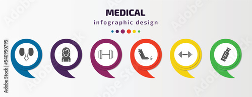 medical infographic template with icons and 6 step or option. medical icons such as urology, girl, gym, inhalator, dumbbells, gum vector. can be used for banner, info graph, web, presentations.