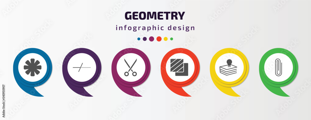 geometry infographic template with icons and 6 step or option. geometry icons such as asterisk, trim, cut, foreground, base, clip vector. can be used for banner, info graph, web, presentations. geometry infographic template with icons and 6 step or option. geometry icons such as asterisk, trim, cut, foreground, base, clip vector. can be used for banner, info graph, web, presentations.