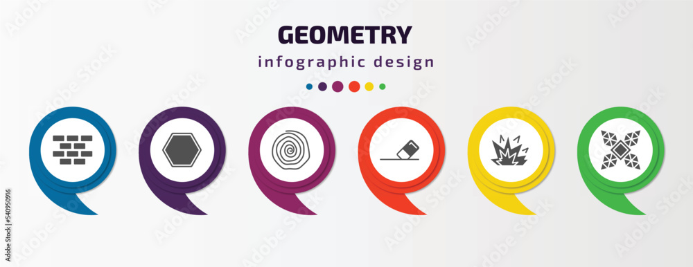 geometry infographic template with icons and 6 step or option. geometry icons such as construction, octagon, spiral, erase, explode, polygonal windmill vector. can be used for banner, info graph, geometry infographic template with icons and 6 step or option. geometry icons such as construction, octagon, spiral, erase, explode, polygonal windmill vector. can be used for banner, info graph,