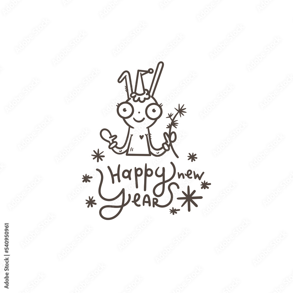 Fototapeta premium New Year card with hare. Chinese calendar symbol. Vector holiday poster. Funny animal. Cheerful rabbiti. Funny hare print. Anthropomorphic character for desing.