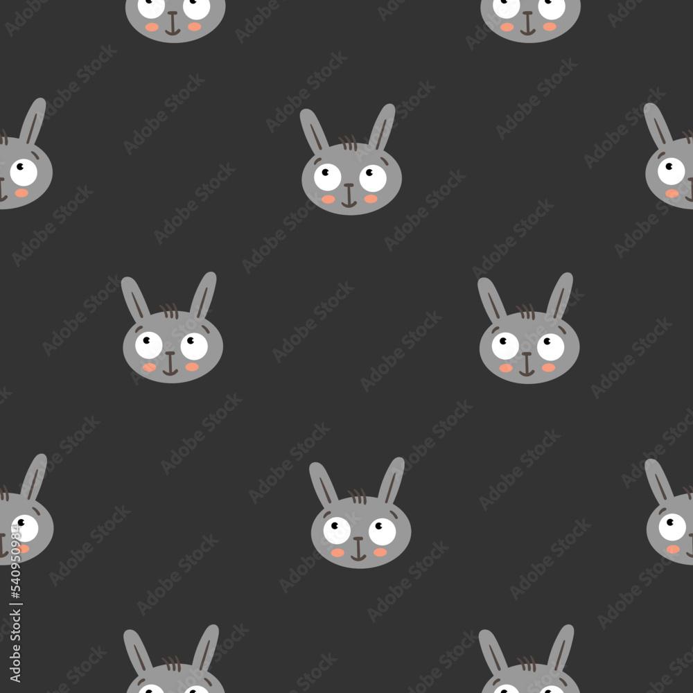Seamless pattern with cute hares on a black background. Cartoon bunnies print. Vector animals poster.