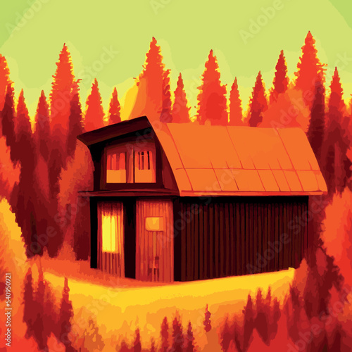 Autumn forest with wooden house on glade. Vector cartoon illustration of deep woods landscape with forester hut, grass and orange trees. Fall scene with cottage