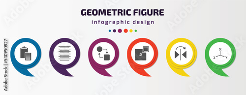 geometric figure infographic template with icons and 6 step or option. geometric figure icons such as paste clipboard, center alignment, transform, insert, mirror horizontally, coordinates vector.