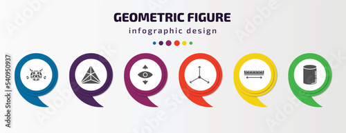 geometric figure infographic template with icons and 6 step or option. geometric figure icons such as polygonal cat, triangle, perspective, axis, measure, cylinder vector. can be used for banner,