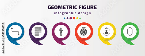geometric figure infographic template with icons and 6 step or option. geometric figure icons such as line segment, left alignment, polygonal arrow up, color wheel, change, oval vector. can be used