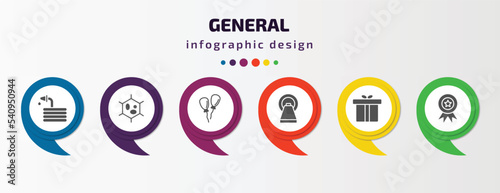 general infographic template with icons and 6 step or option. general icons such as hose with drops, organism, floating balloons, mri scanner, gift box with ribbon, number one medal vector. can be