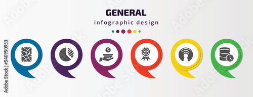 general infographic template with icons and 6 step or option. general icons such as fragments, market share, poor, win, open source, real time data vector. can be used for banner, info graph, web,