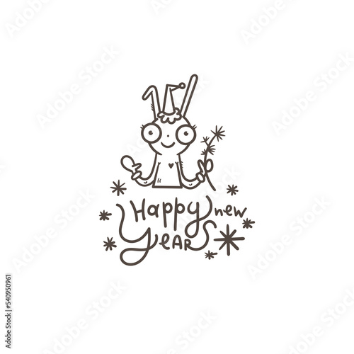 New Year card with hare. Chinese calendar symbol. Vector holiday poster. Funny animal. Cheerful rabbiti. Funny hare print. Anthropomorphic character for desing.
