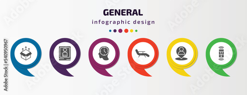 general infographic template with icons and 6 step or option. general icons such as product release, yearbook, patience, deckchair, placement, smart assistant vector. can be used for banner, info