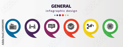 general infographic template with icons and 6 step or option. general icons such as card wallet, pair of binoculars, quiz, go green badge, live paint, patch crop vector. can be used for banner, info