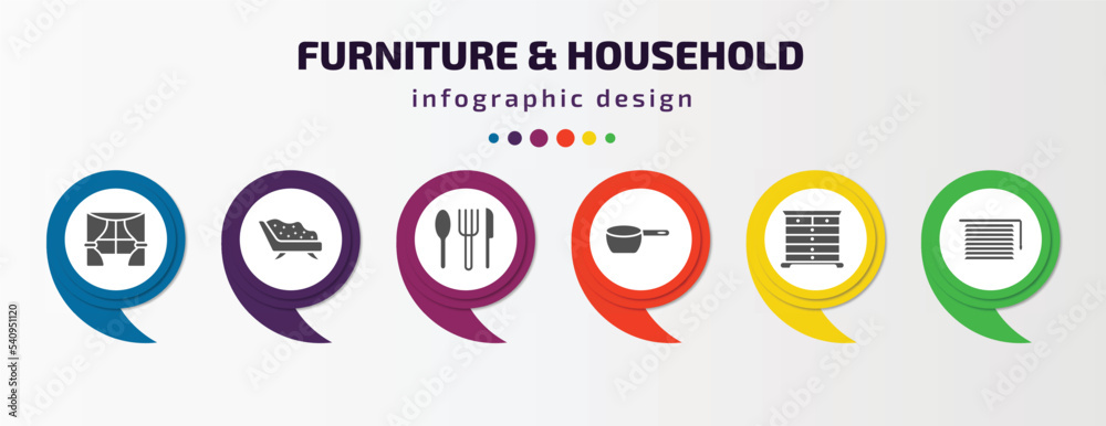 furniture & household infographic template with icons and 6 step or option. furniture & household icons such as window, divan, silverware, small saucepan, chest of drawers, window coverings vector. furniture & household infographic template with icons and 6 step or option. furniture & household icons such as window, divan, silverware, small saucepan, chest of drawers, window coverings vector.