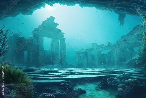 A large mass of ocean water covered the ruined temple. 3D rendering © Zaleman