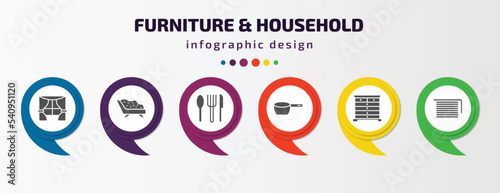 furniture & household infographic template with icons and 6 step or option. furniture & household icons such as window, divan, silverware, small saucepan, chest of drawers, window coverings vector.