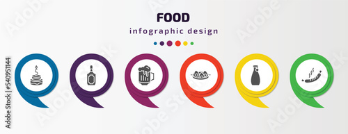 food infographic template with icons and 6 step or option. food icons such as five birthday cake, scotch, jar of beer, soy eggs, sake, sausages vector. can be used for banner, info graph, web,