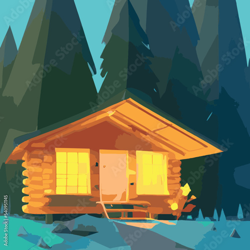 Autumn forest with wooden house on glade. Vector cartoon illustration of deep woods landscape with forester hut, grass and orange trees. Fall scene with cottage