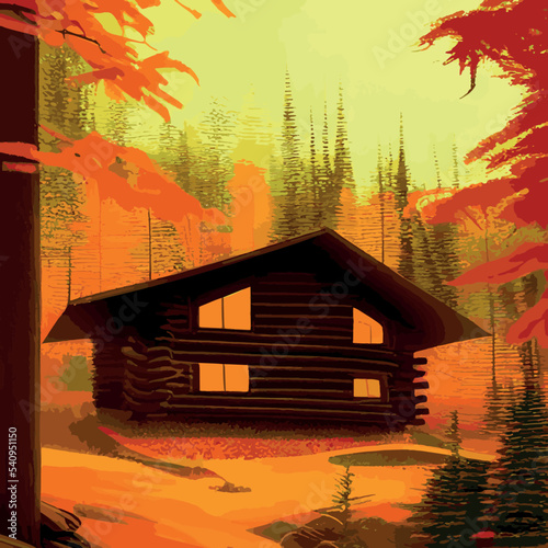 Autumn forest with wooden house on glade. Vector cartoon illustration of deep woods landscape with forester hut, grass and orange trees. Fall scene with cottage