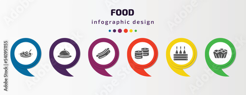 food infographic template with icons and 6 step or option. food icons such as noodle soup, covered food tray, hot dog with mustard, maki, wine bottles in a box, canadian vector. can be used for