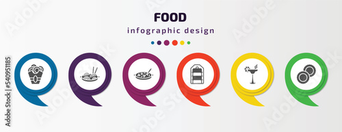 food infographic template with icons and 6 step or option. food icons such as onion rings, chow mein, luosifen, tiffin, cocktail on a glass, ring pop vector. can be used for banner, info graph, web,