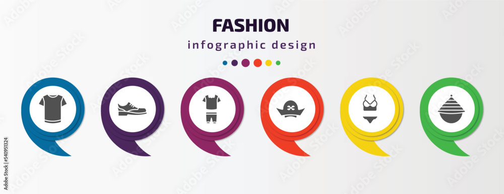 fashion infographic template with icons and 6 step or option. fashion icons such as white t shirt, men shoe, femenine trakcsuit, pirate hat, lingerine, samurai japanese hat vector. can be used for fashion infographic template with icons and 6 step or option. fashion icons such as white t shirt, men shoe, femenine trakcsuit, pirate hat, lingerine, samurai japanese hat vector. can be used for