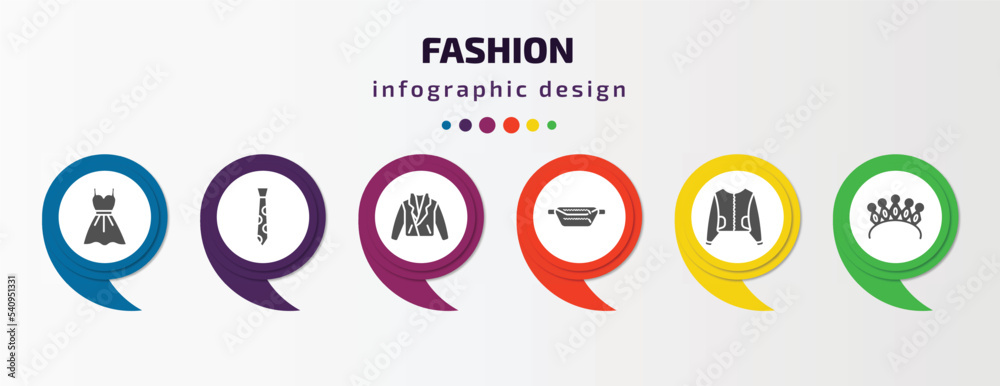 fashion infographic template with icons and 6 step or option. fashion icons such as women drees, stripped tie, leather jacket, belt pouch, sweater with pocket, diadem vector. can be used for banner, fashion infographic template with icons and 6 step or option. fashion icons such as women drees, stripped tie, leather jacket, belt pouch, sweater with pocket, diadem vector. can be used for banner,