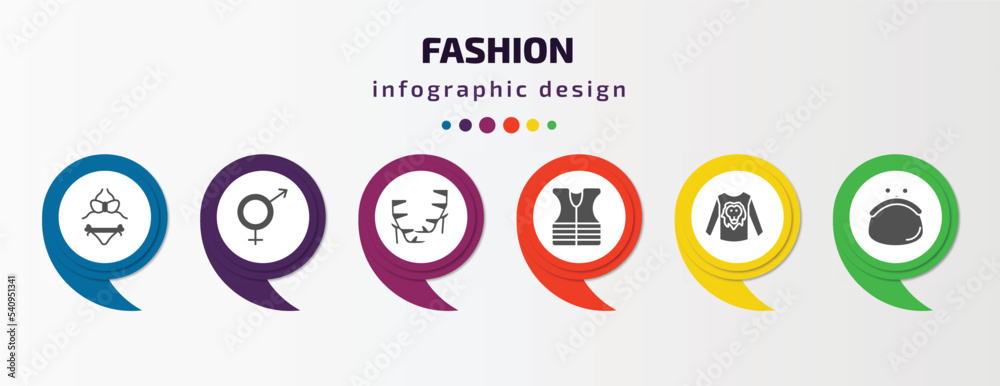 fashion infographic template with icons and 6 step or option. fashion icons such as women swimsuit, unisex, high heel sandals, safety shirt, man printing, purses vector. can be used for banner, info fashion infographic template with icons and 6 step or option. fashion icons such as women swimsuit, unisex, high heel sandals, safety shirt, man printing, purses vector. can be used for banner, info