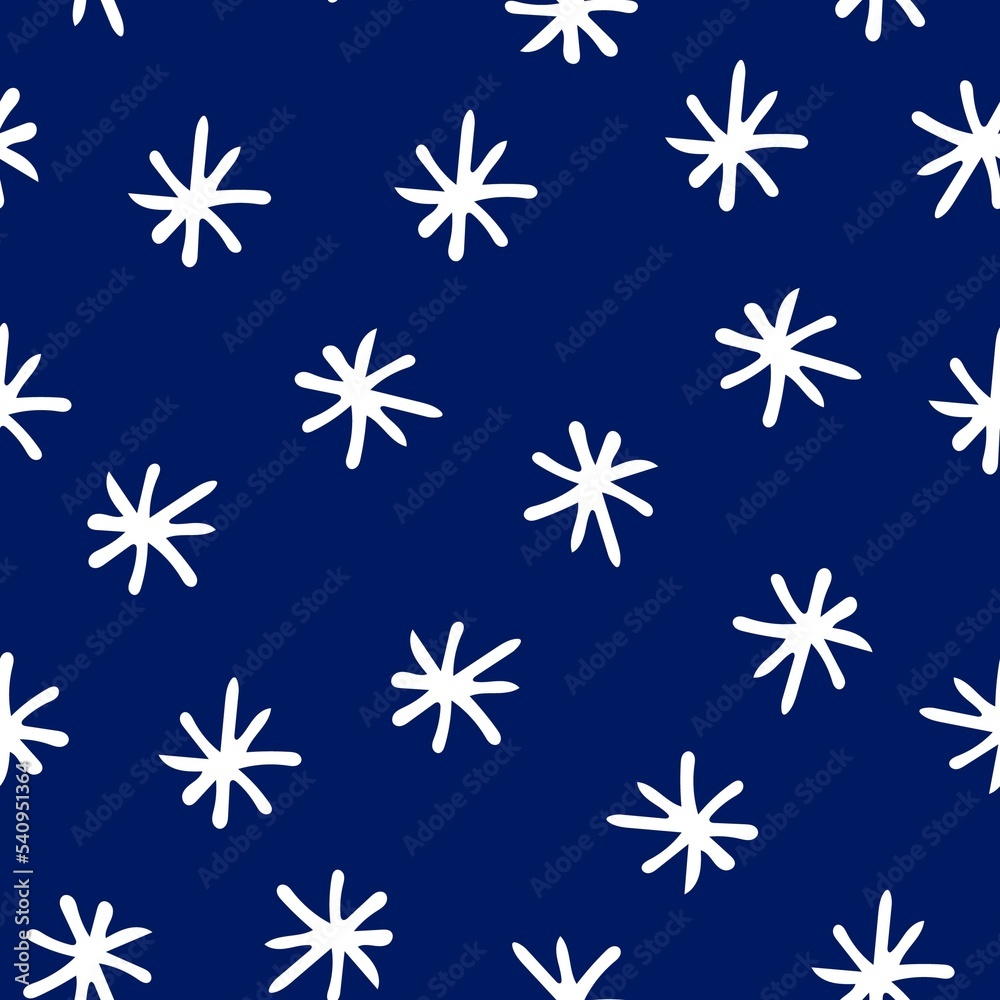 Hand Drawn Christmas Seamless Pattern with Snowflakes. Winter Background Drawn by Color Pencil. Decorative backdrop for fabric, textile, wrapping paper, card, invitation, wallpaper, web design.