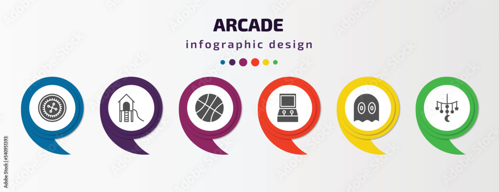 arcade infographic template with icons and 6 step or option. arcade icons such as roulette, playground, dunk, game hine, ghost, childhood vector. can be used for banner, info graph, web, arcade infographic template with icons and 6 step or option. arcade icons such as roulette, playground, dunk, game hine, ghost, childhood vector. can be used for banner, info graph, web,