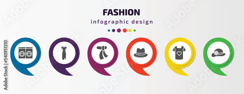 fashion infographic template with icons and 6 step or option. fashion icons such as laundry zone, cheongsam, wool scarf, fedora, t shirt with heart, round hat vector. can be used for banner, info