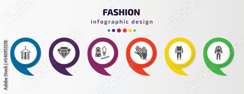 fashion infographic template with icons and 6 step or option. fashion icons such as ties on hanger, jewel, tailor, pair of gloves, working coverall, men tracksuit vector. can be used for banner,