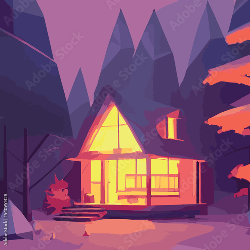 Autumn forest with wooden house on glade. Vector cartoon illustration of deep woods landscape with forester hut, grass and orange trees. Fall scene with cottage