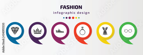 fashion infographic template with icons and 6 step or option. fashion icons such as diamond, monarchy, footwear, fiance, summer dress, eyewear vector. can be used for banner, info graph, web,