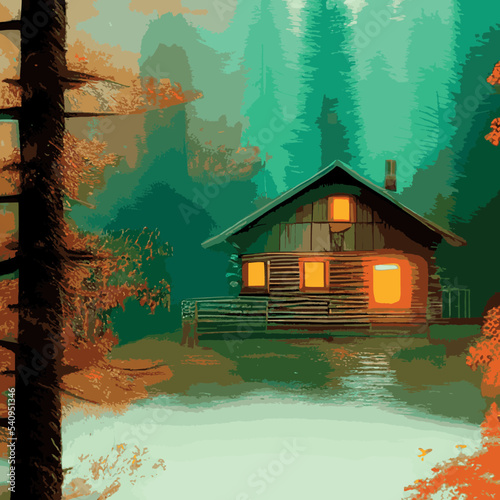 Autumn forest with wooden house on glade. Vector cartoon illustration of deep woods landscape with forester hut, grass and orange trees. Fall scene with cottage