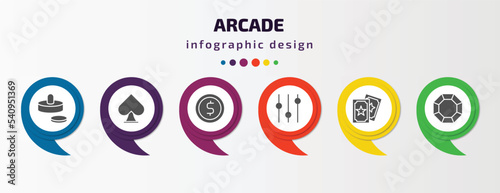 arcade infographic template with icons and 6 step or option. arcade icons such as air hockey, spades, token, controls, magic cards, crystal vector. can be used for banner, info graph, web,