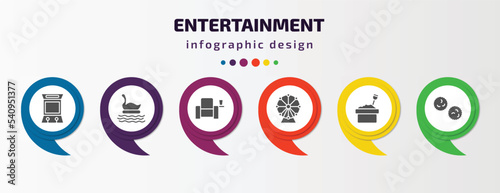 entertainment infographic template with icons and 6 step or option. entertainment icons such as arcade hine, swan boat, cinema seat, ferris wheel, sandbox, pom pom vector. can be used for banner,