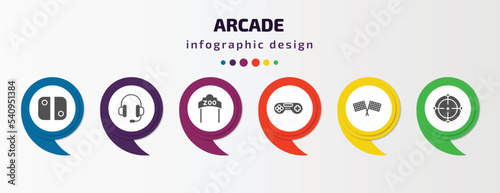 arcade infographic template with icons and 6 step or option. arcade icons such as switch, earphone, zoo, game, racing, shooting game vector. can be used for banner, info graph, web, presentations.