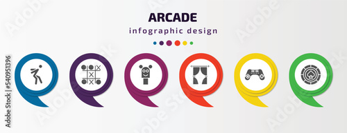 arcade infographic template with icons and 6 step or option. arcade icons such as jump, tic tac toe, puppet show, curtain stage, controller, poker chip vector. can be used for banner, info graph,