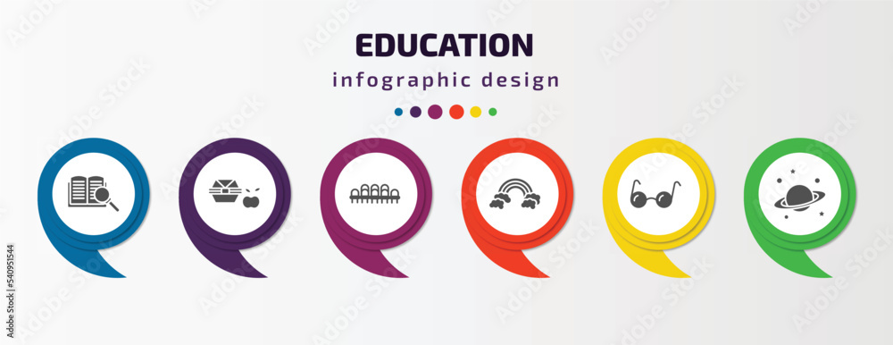education infographic template with icons and 6 step or option. education icons such as book and magnifier, lunchbox, grandstand, basic rainbow, studying glasses, planet saturn vector. can be used