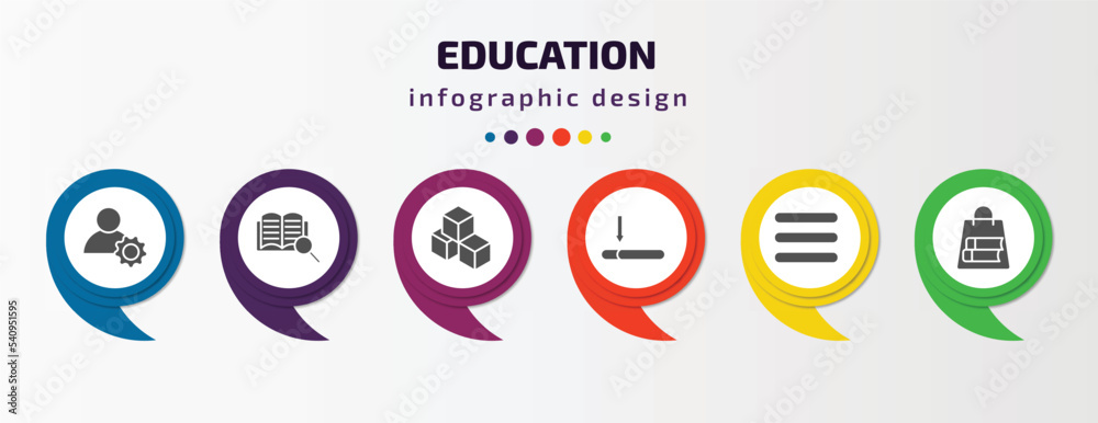 education infographic template with icons and 6 step or option. education icons such as users tings, book and magnifying, creche, window scrolling medium, bars, bag of books vector. can be used for education infographic template with icons and 6 step or option. education icons such as users tings, book and magnifying, creche, window scrolling medium, bars, bag of books vector. can be used for