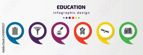 education infographic template with icons and 6 step or option. education icons such as written clipboard, chemistry funnel, ink, fraternity, diploma roll, book with bookmark vector. can be used for