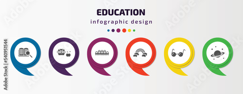 education infographic template with icons and 6 step or option. education icons such as book and magnifier, lunchbox, grandstand, basic rainbow, studying glasses, planet saturn vector. can be used