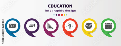 education infographic template with icons and 6 step or option. education icons such as closed envelope, research with books, square, having an idea, check mark, monthly calendar vector. can be used