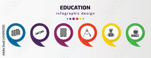 education infographic template with icons and 6 step or option. education icons such as archives, rolled diploma, tactile tablet, draw with compass, man reading, book and vector. can be used for