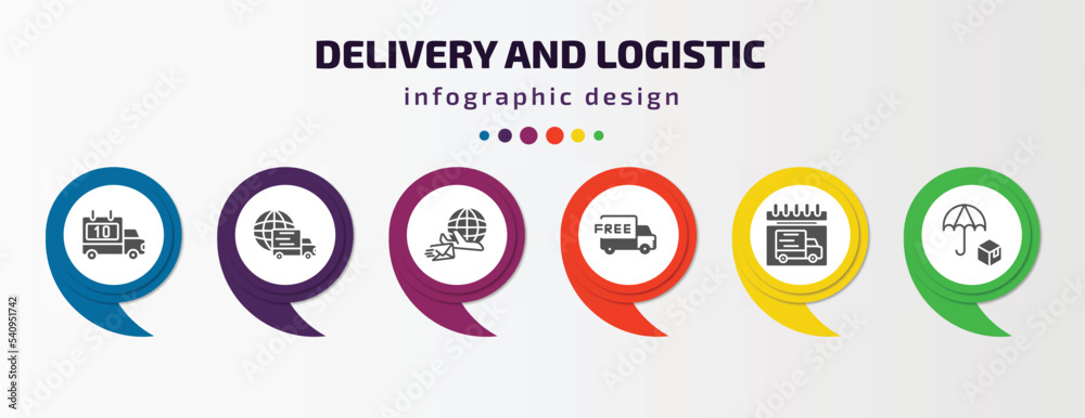 delivery and logistic infographic template with icons and 6 step or option. delivery and logistic icons such as delivery scheduled, worldwide air mail, free day, logistic umbrella vector. can be delivery and logistic infographic template with icons and 6 step or option. delivery and logistic icons such as delivery scheduled, worldwide air mail, free day, logistic umbrella vector. can be