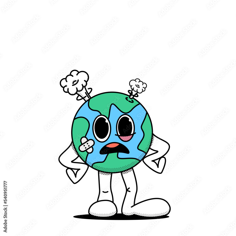 The cartoon planet Earth stands in a displeased pose, damaged. The concept of consumer attitude to the planet. Caring for the environment. Doodle style. Stock vector illustration of planet Earth. 